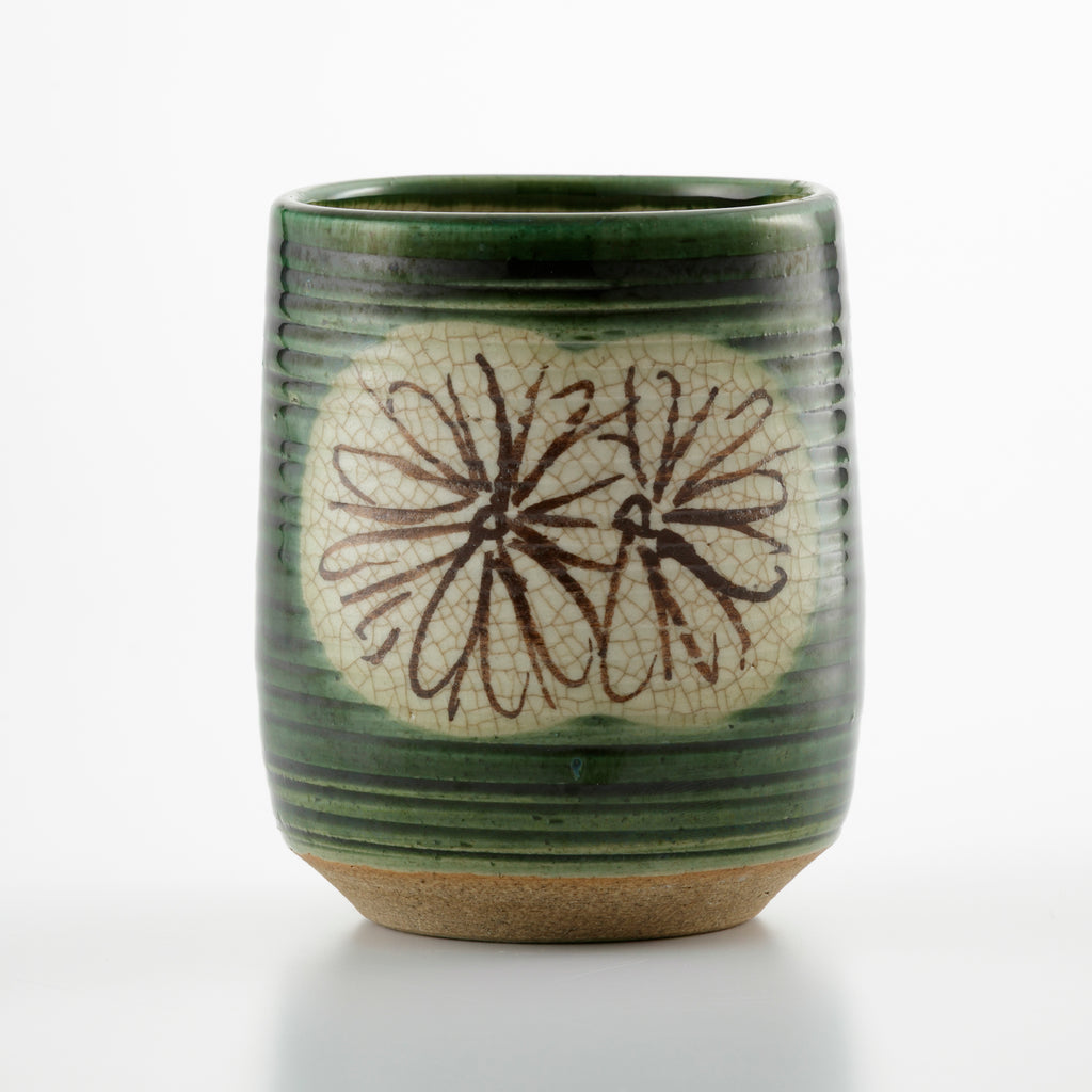 Oribe Sushi Yunomi Tea Cup Chrysanthemum motif.