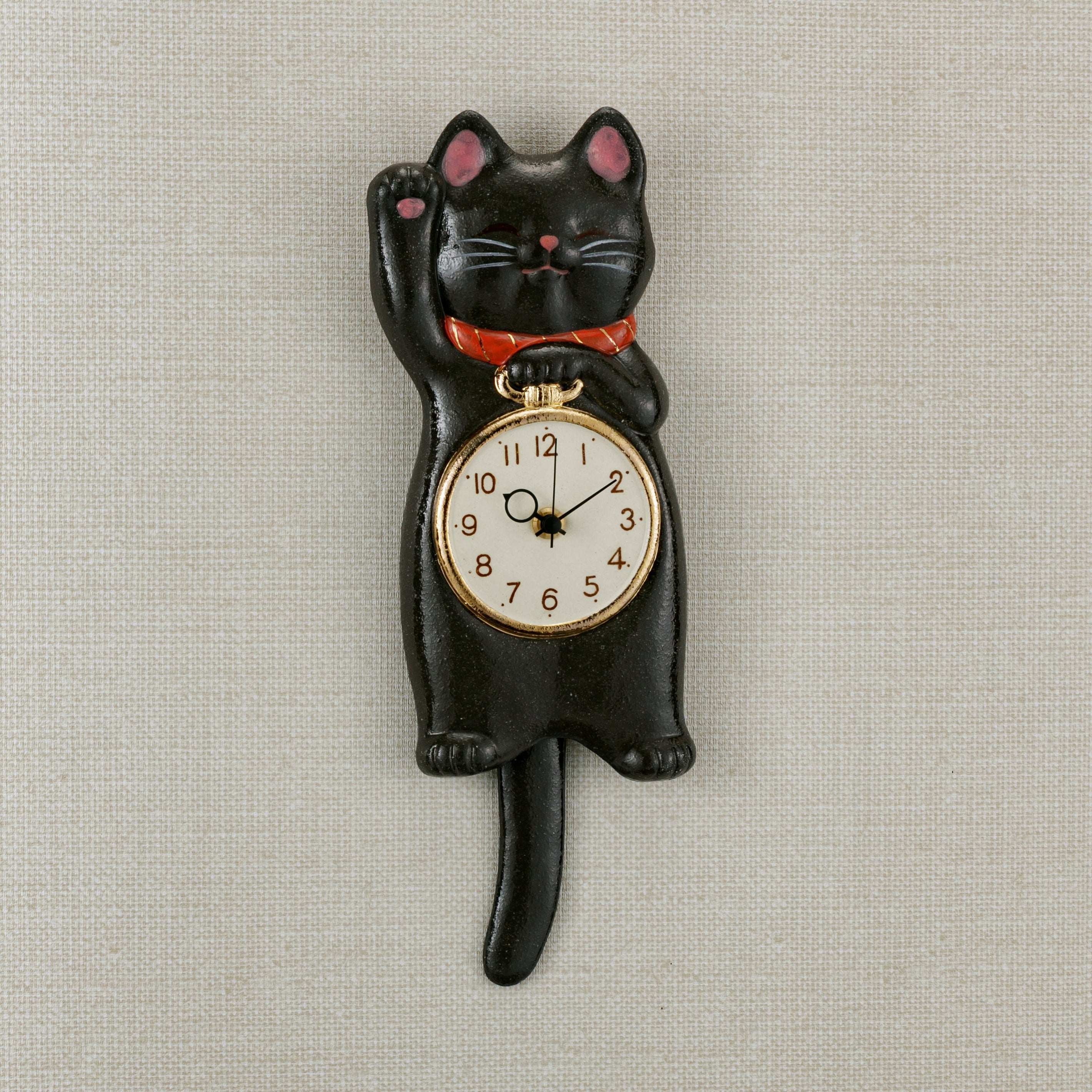 Japanese Maneki Neko Lucky Cat Black Pendulum Wall Clock with