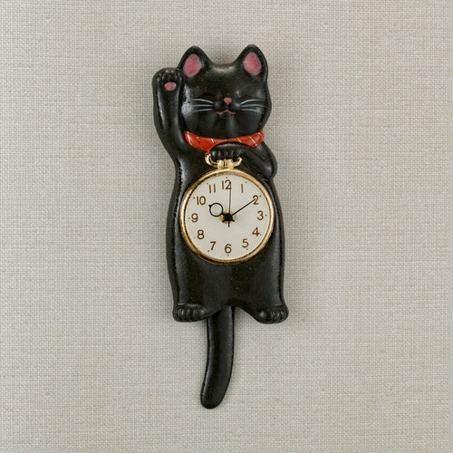 Japanese Maneki Neko Lucky Cat Black Pendulum Wall Clock with Right Paw Raised – Seto Ware, Craft-Yuuki