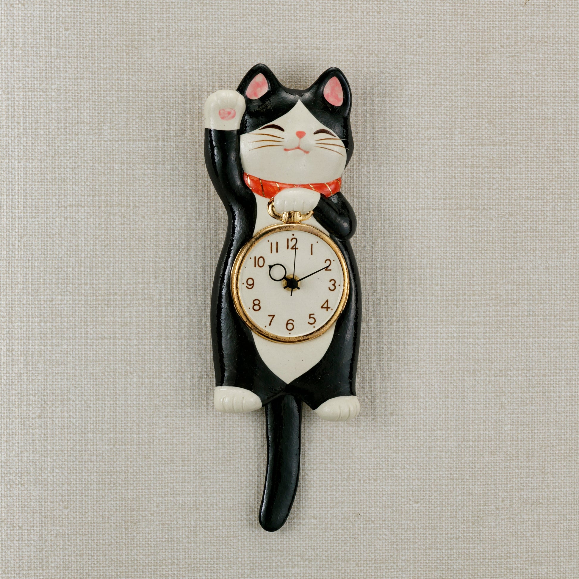 Japanese Maneki Neko Lucky Cat Tuxedo (Hachiware) Pendulum Wall Clock – Right Paw Raised – Seto Ware, Craft Yuuki