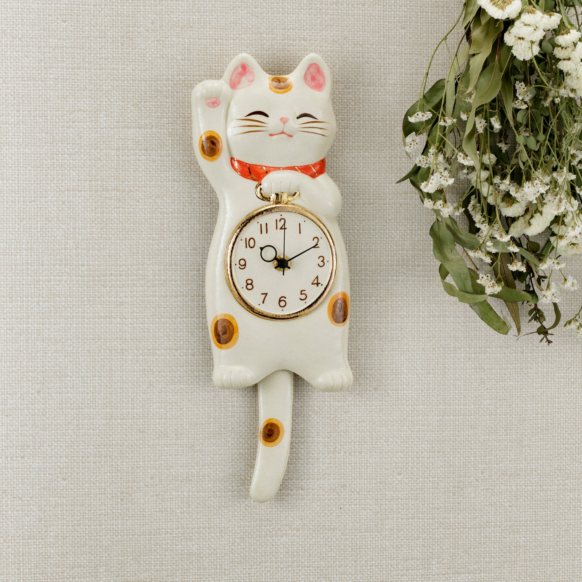 Maneki Neko Pendulum Wall Clock White