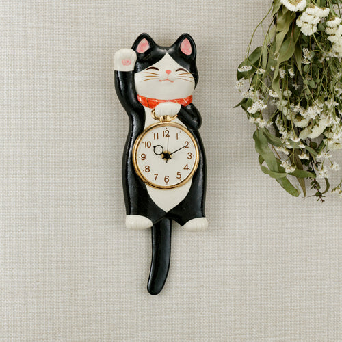 Maneki Neko Pendulum Wall Clock Tuxedo