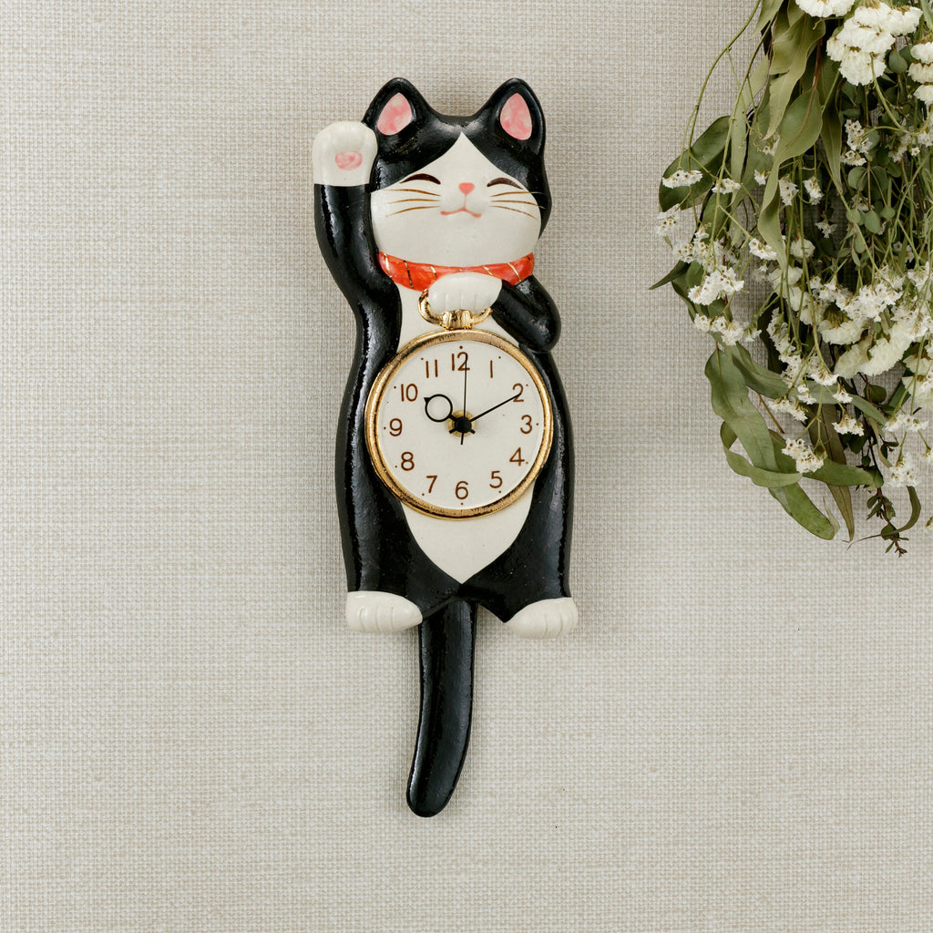 Japanese Maneki Neko Lucky Cat Tuxedo (Hachiware) Pendulum Wall Clock – Right Paw Raised – Seto Ware, Craft Yuuki