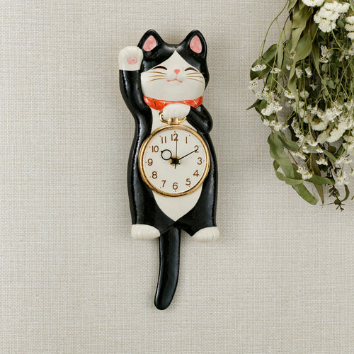 Japanese Maneki Neko Lucky Cat Tuxedo (Hachiware) Pendulum Wall Clock – Right Paw Raised – Seto Ware, Craft Yuuki