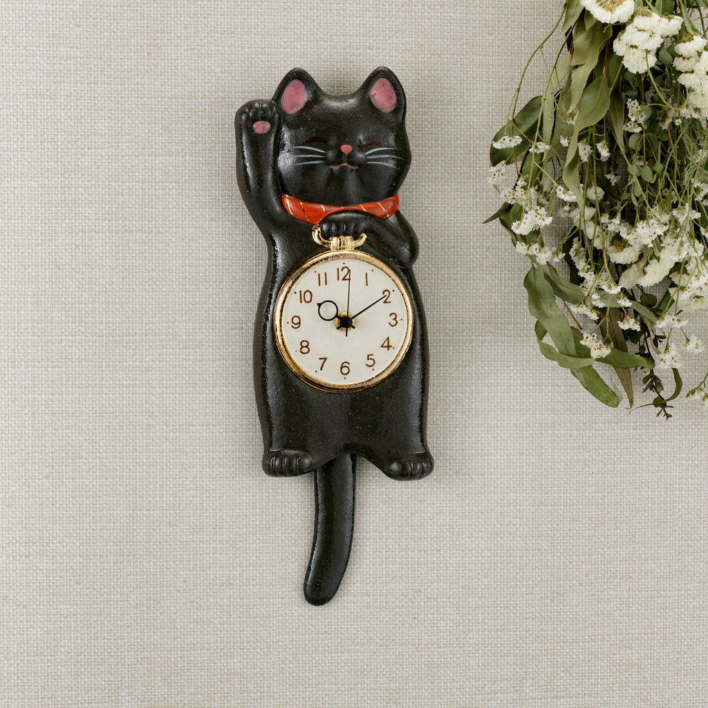 Maneki Neko Pendulum Wall Clock Black