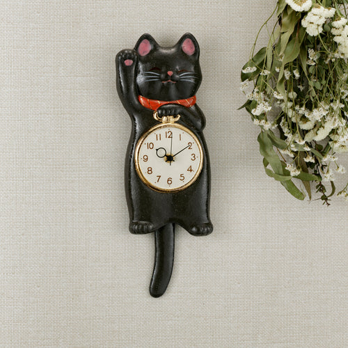 Maneki Neko Pendulum Wall Clock Black