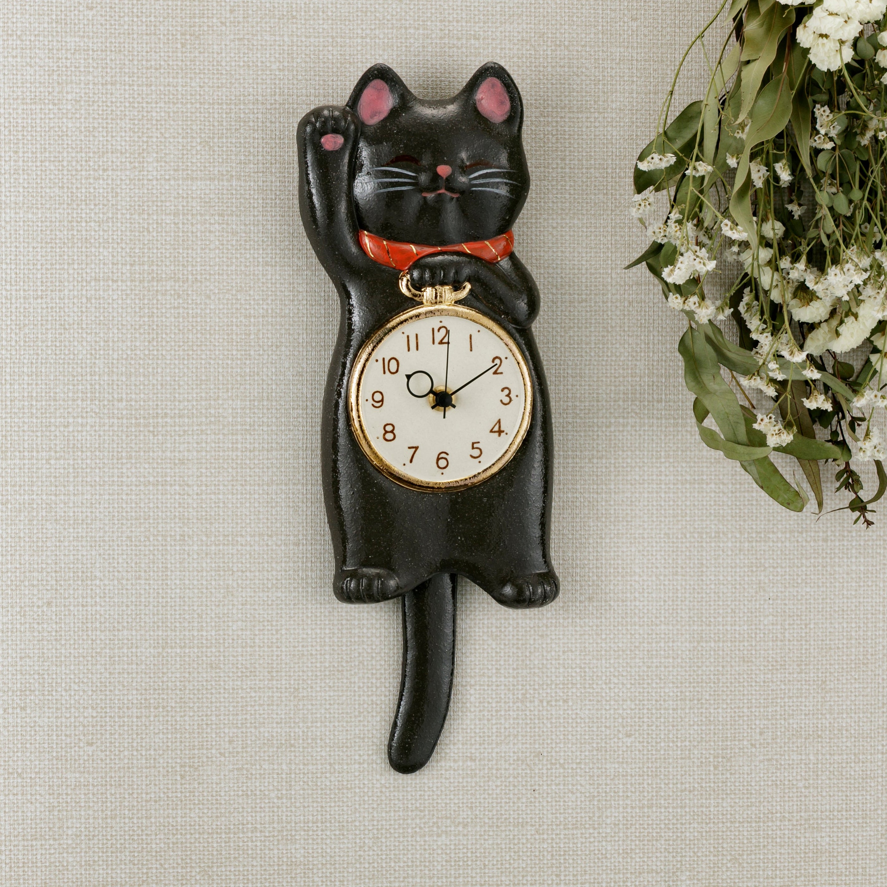 Japanese Maneki Neko Lucky Cat Black Pendulum Wall Clock with
