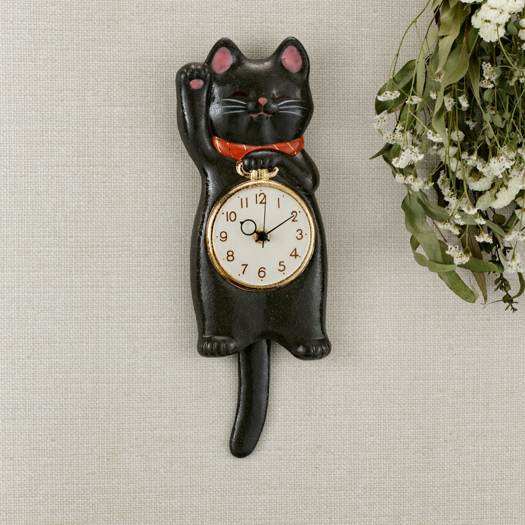 Japanese Maneki Neko Lucky Cat Black Pendulum Wall Clock with Right Paw Raised – Seto Ware, Craft-Yuuki