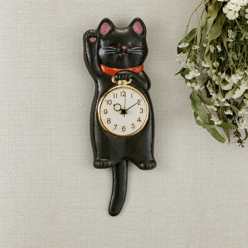 Japanese Maneki Neko Lucky Cat Black Pendulum Wall Clock with Right Paw Raised – Seto Ware, Craft-Yuuki