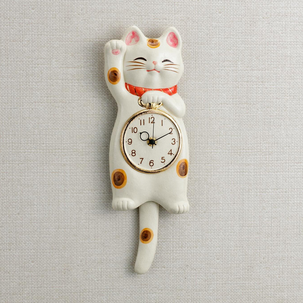Japanese Maneki Neko Lucky Cat Pendulum Wall Clock White – Seto Ware, Craft-Yuuki