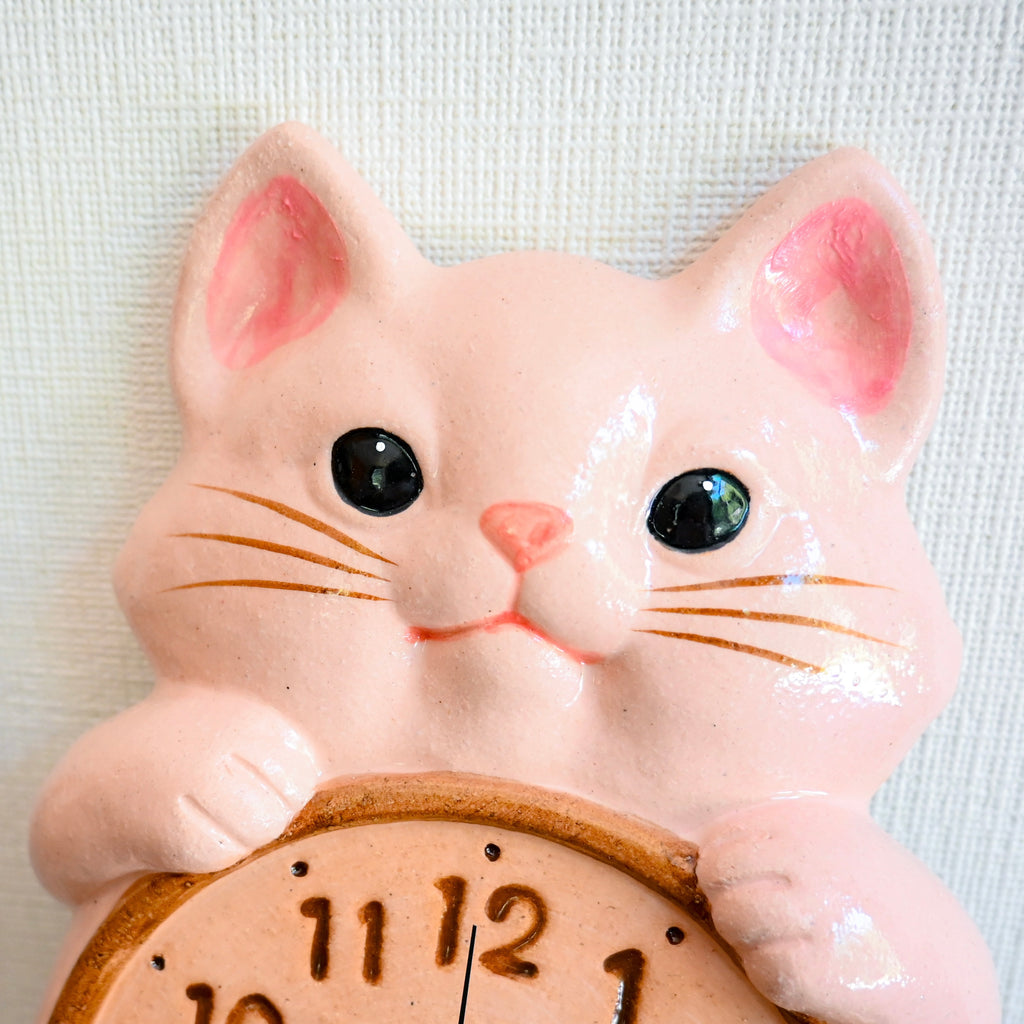Japanese Maneki Neko Lucky Cat Pendulum Wall Clock Sakura Light Pink - Seto ware, Craft-Yuuki