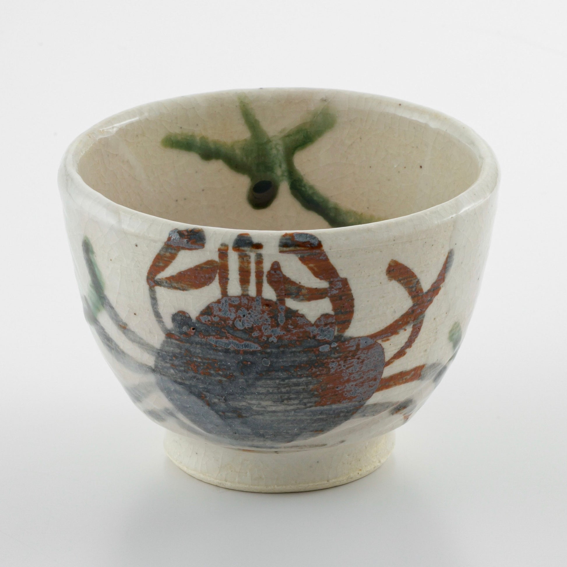 Japanese Shino White Small Matcha Tea Bowl Crab Motif – Mino Ware by Renji Nakagaki