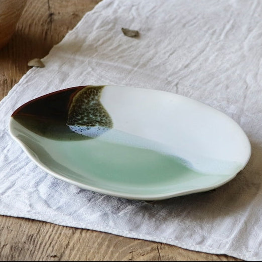 Japanese Handmade “Mike” Oval Plate – Calico-Inspired Ash Glazes – Seto Ware, Tsubaki Kiln