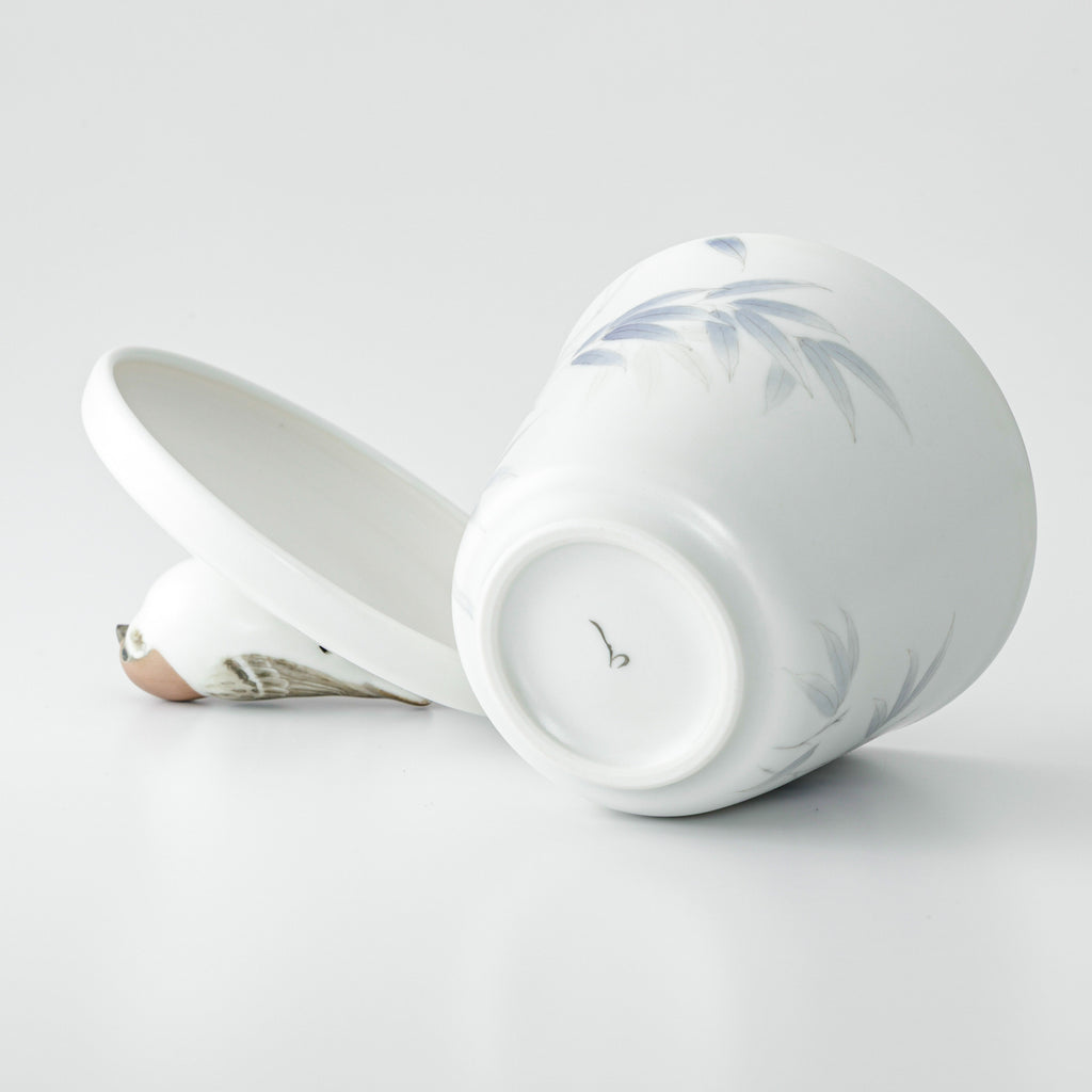 Japanese Sparrow & Bamboo Lidded Soup Cup – Seto Ware by Shiro Oshima