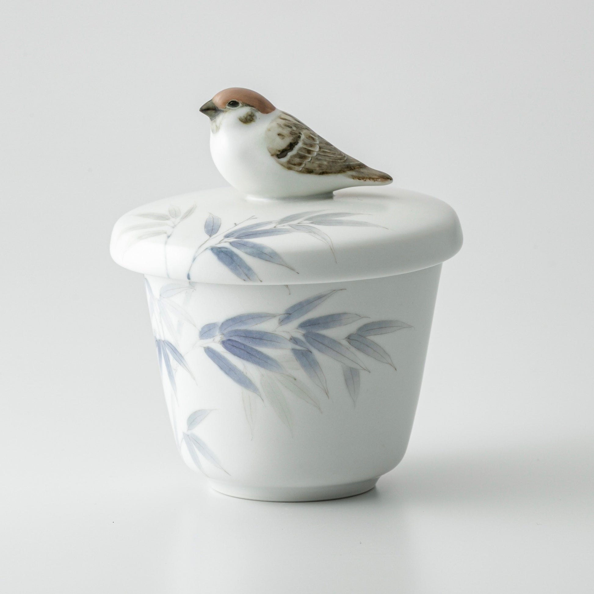 Japanese Sparrow & Bamboo Lidded Soup Cup – Seto Ware by Shiro Oshima