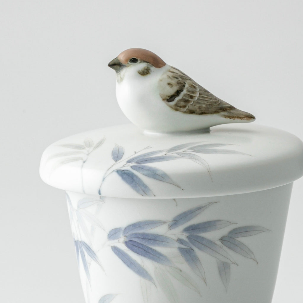 Japanese Sparrow & Bamboo Lidded Soup Cup – Seto Ware by Shiro Oshima