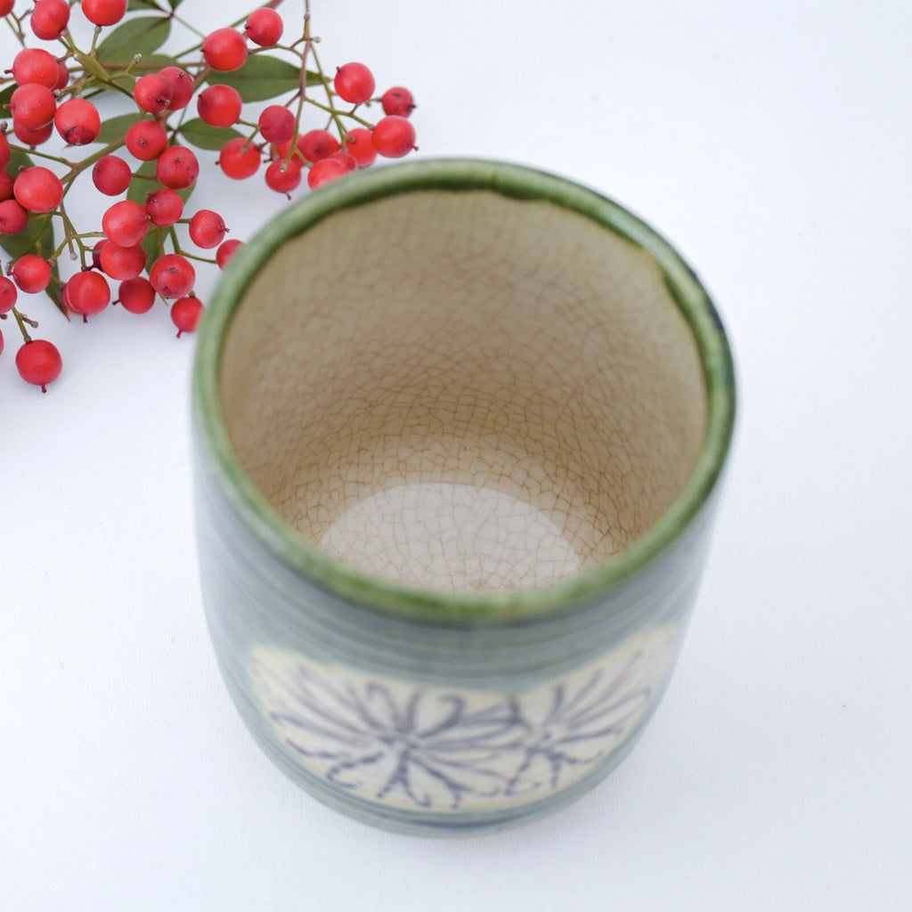 Oribe Sushi Yunomi Tea Cup Chrysanthemum motif.