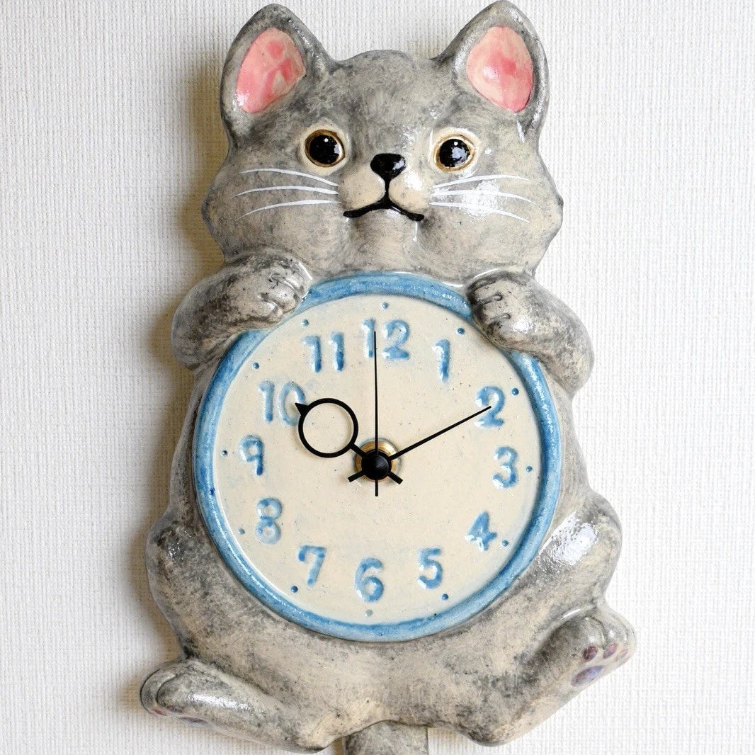 Custom Cat Pendulum Wall Clock – Japanese Maneki Neko Lucky Cat Clock, Seto Ware by Craft-Yuuki