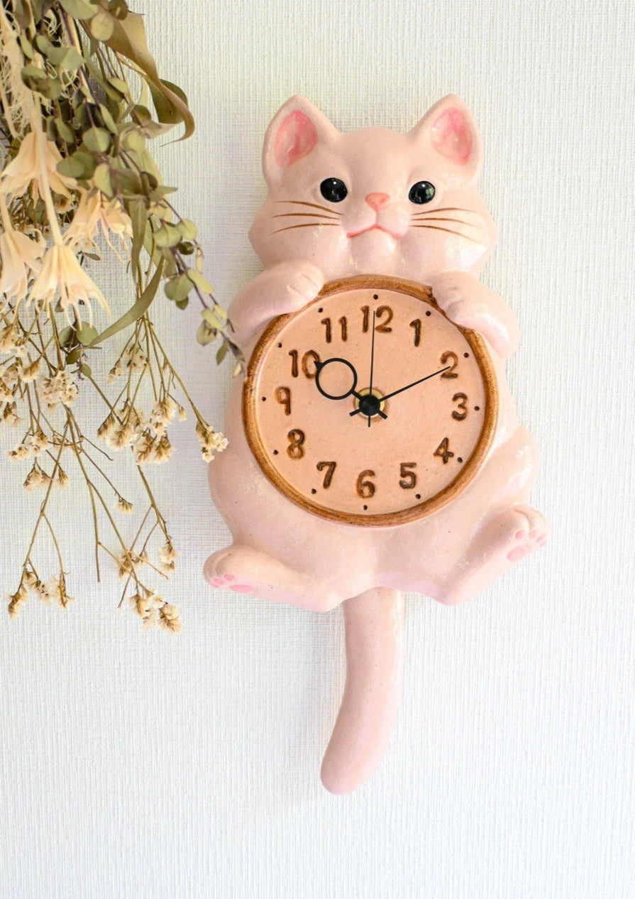 Pink Cat Pendulum Wall Clock